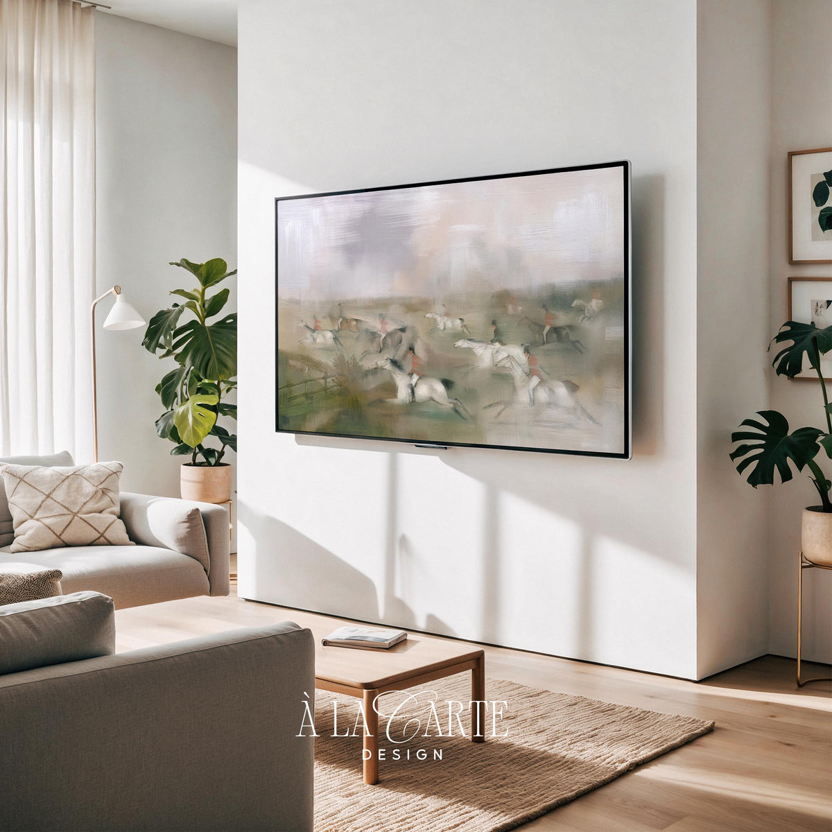 Traditional hunt scene digital art for TV — vintage-inspired artwork featuring horses in motion across misty landscape