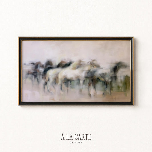 Wild horses in motion TV art for Frame TV — ethereal landscape screensaver featuring painterly soft-focus equestrian scene