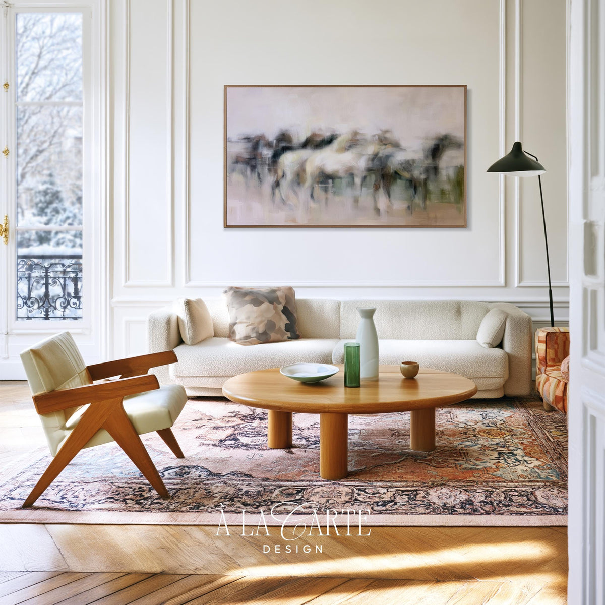 Running equestrian herd digital art for Samsung Frame TV — atmospheric landscape screensaver in sage and charcoal