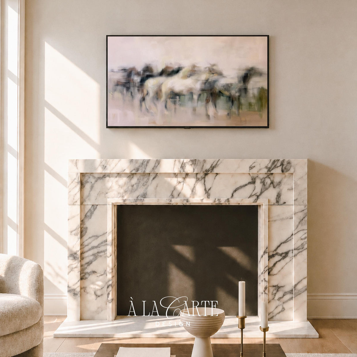 Dynamic horse silhouettes digital art for TV — moody contemporary Frame TV display with soft atmospheric brushwork