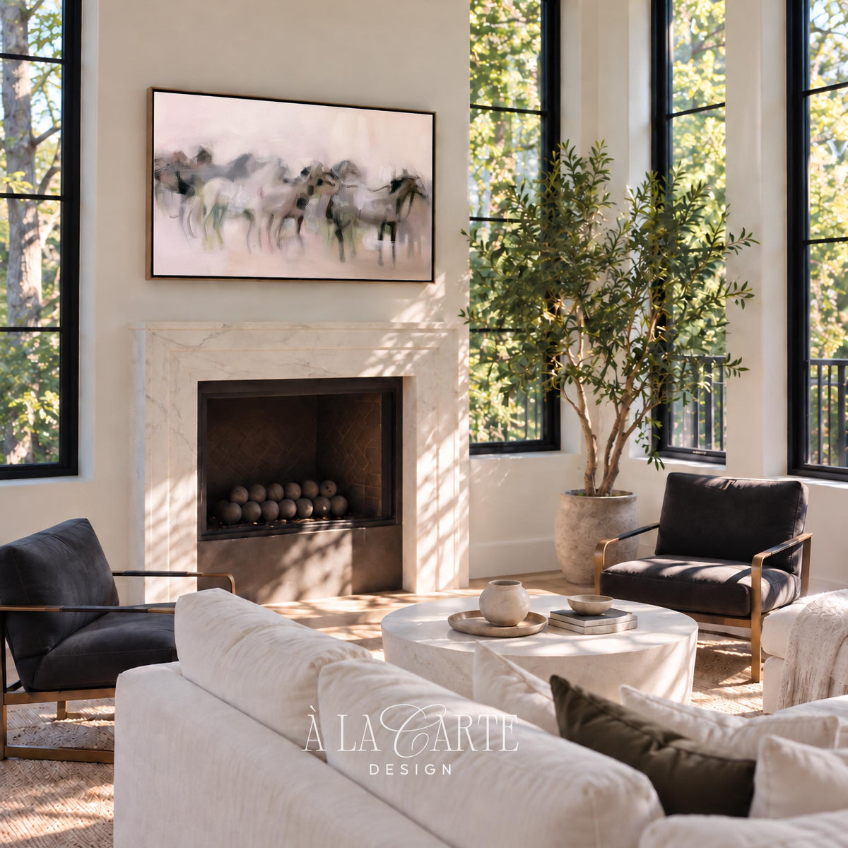 Blended horse silhouettes Frame TV art — minimalist TV screensaver for living room with cream and taupe colors