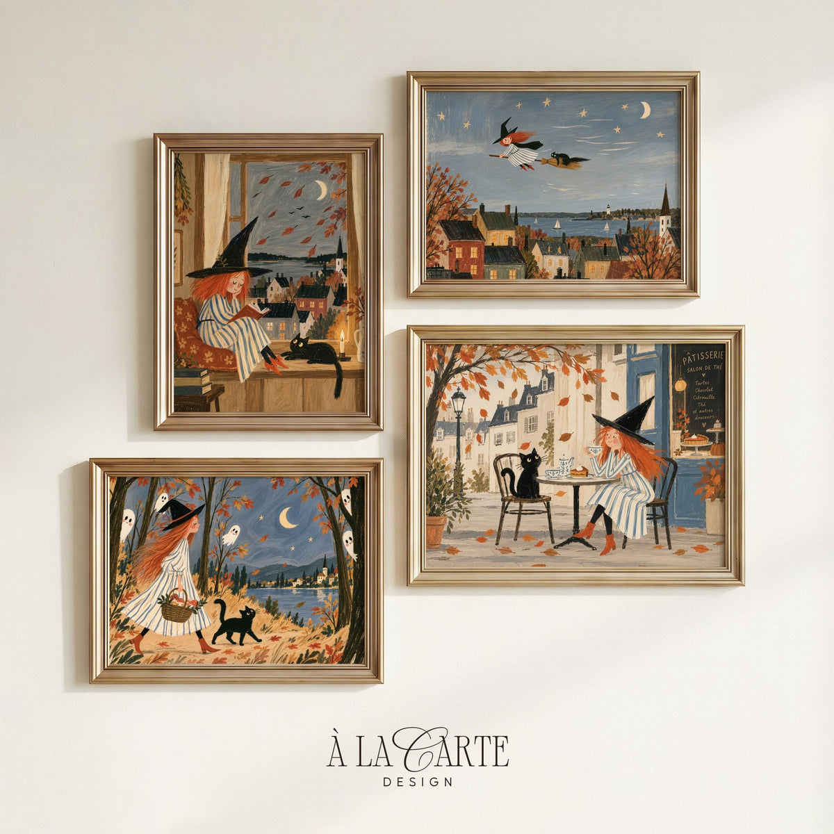 Vintage Halloween wall art gallery — 17-design storybook witch bundle with soft palette and textured painting effect