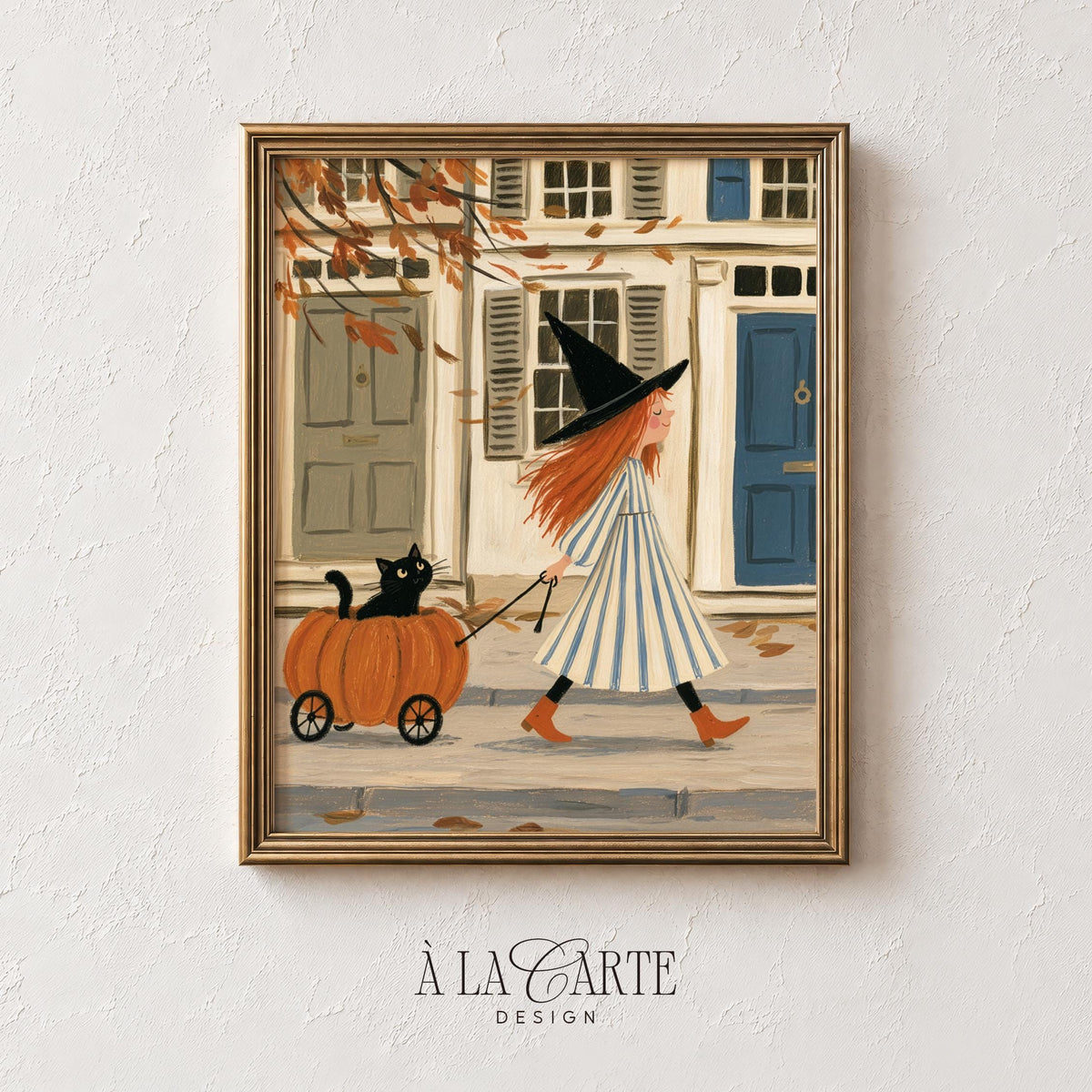 Cozy fall witch poster collection — folk-art printable set with recurring character, loyal cat, and charming architecture