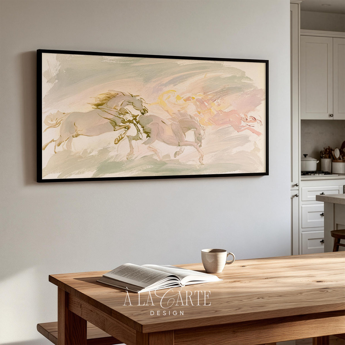 Ethereal equestrian motion Samsung Frame TV art — soft romantic aesthetic with pastel blush, sage, cream palette