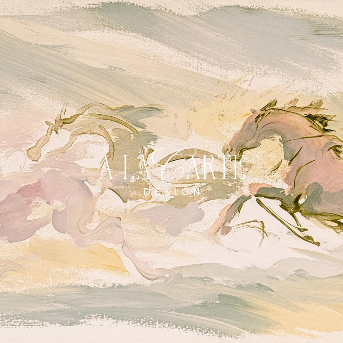 Running equestrian Samsung Frame TV art — digital art for TV featuring dreamy motion and sage green brushstrokes