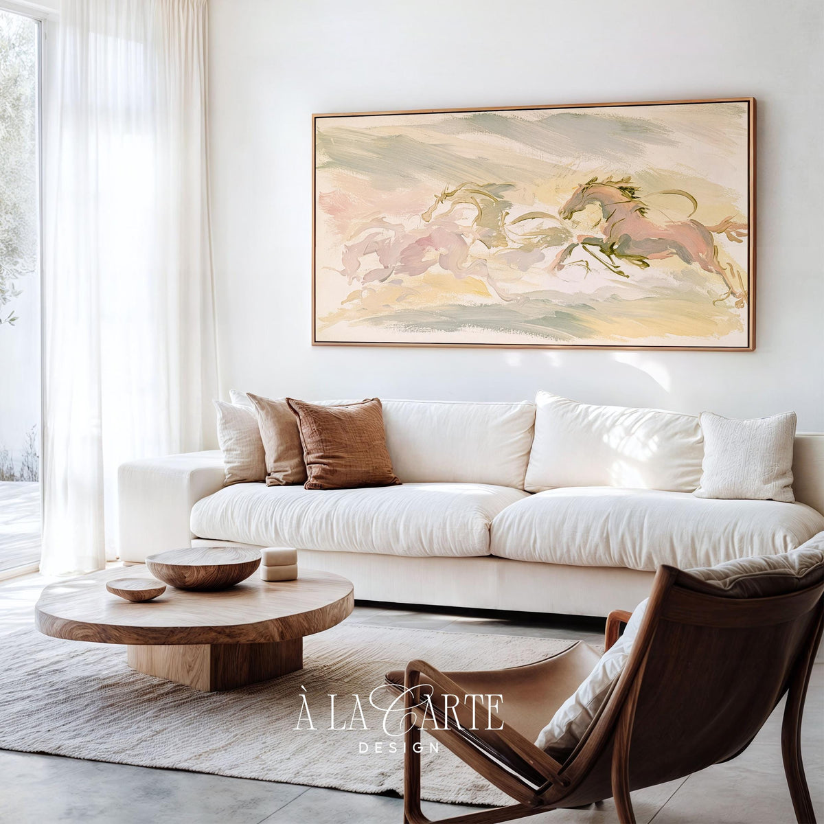 Galloping horses TV art for living room — Frame TV download with soft vintage painting and muted blush tones