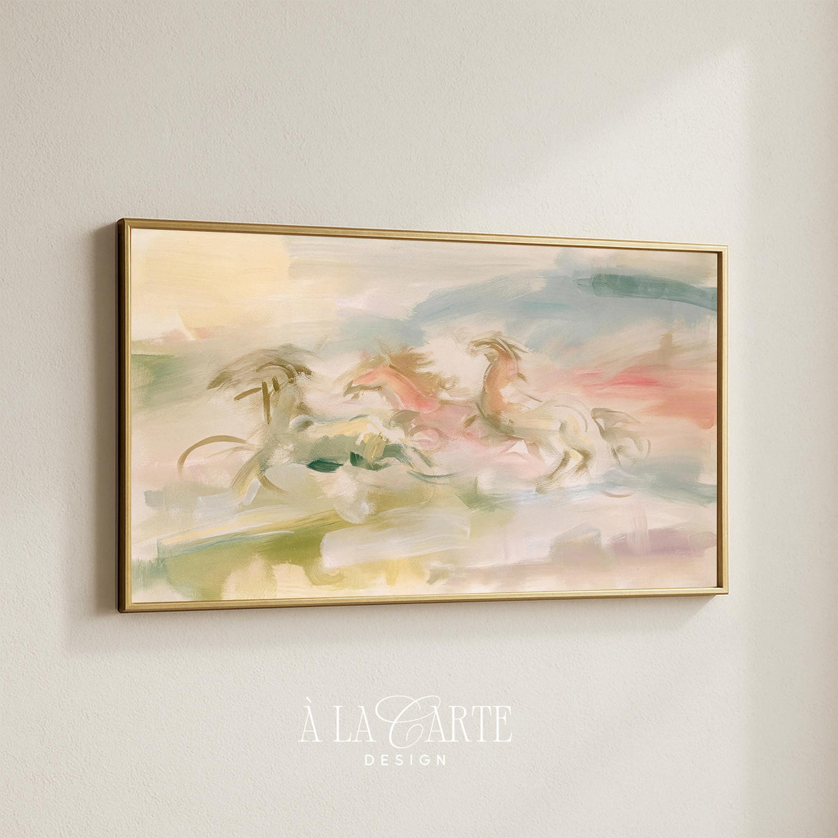 Galloping animals panoramic Frame TV art for neutral decor — ethereal composition with blended pastel washes and serene mood