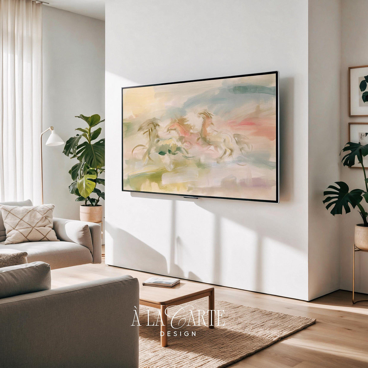 Galloping horses Samsung Frame TV art — dreamy watercolor-style TV screensaver with blended brushstrokes and muted colors