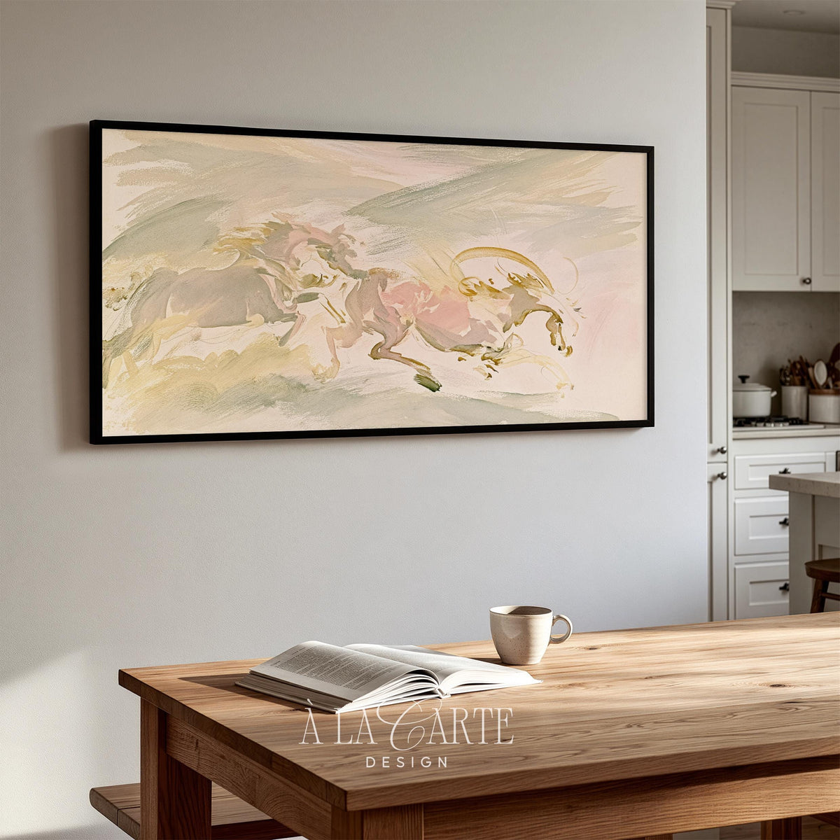 Energetic horse silhouettes Frame TV art — romantic digital art for TV featuring dreamy brushwork and muted gold tones