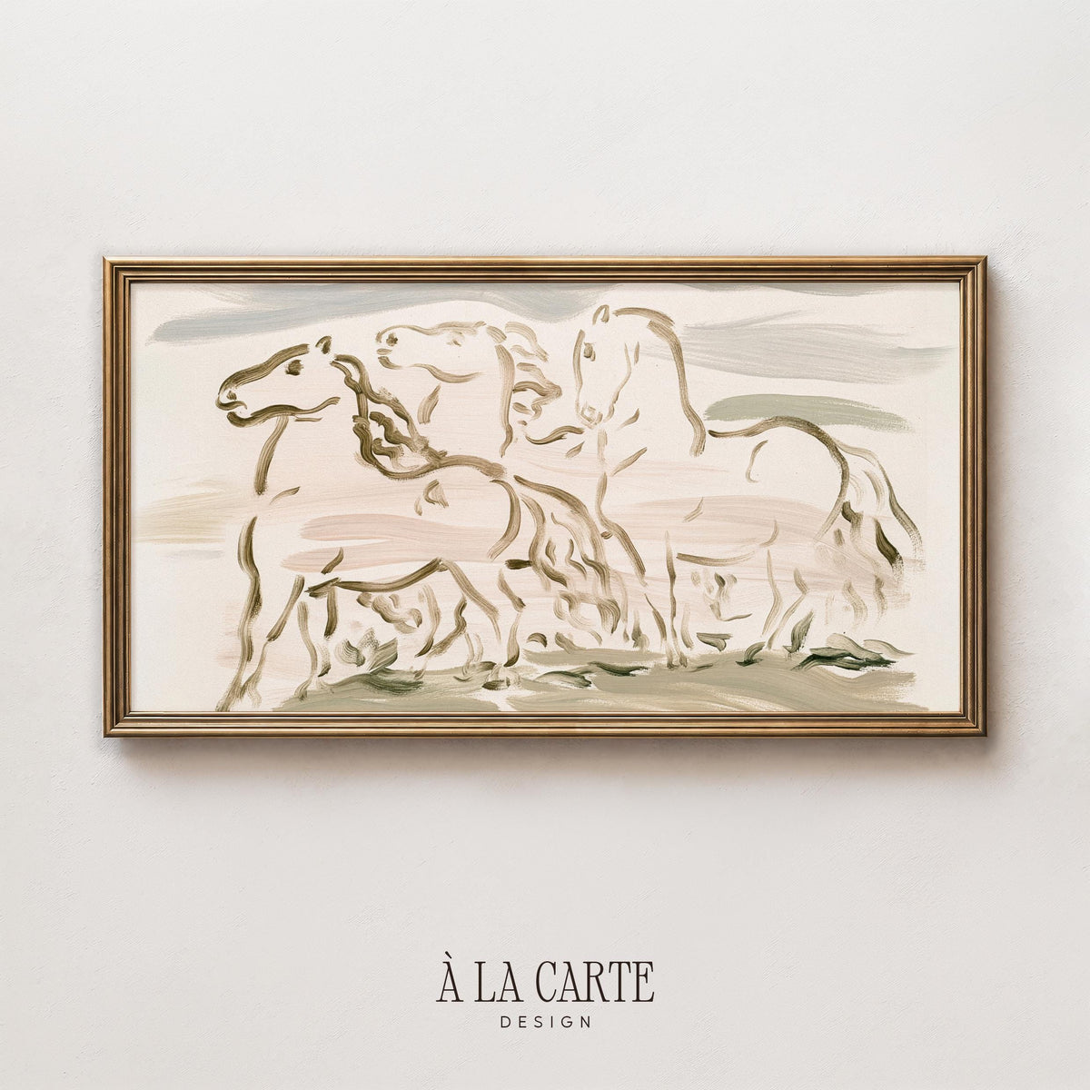 Farmhouse horses digital art for Frame TV — loose expressive linework with soft tan and cream tones for rustic modern decor
