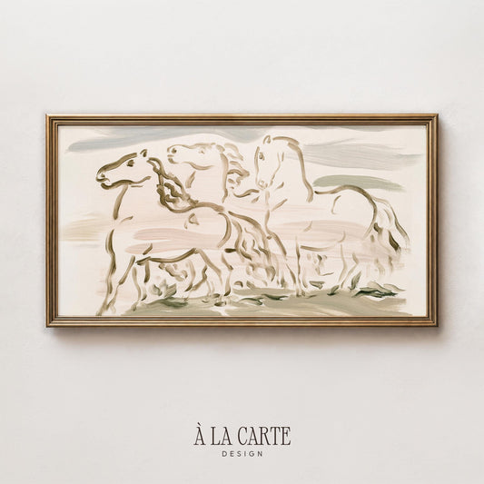 Farmhouse horses digital art for Frame TV — loose expressive linework with soft tan and cream tones for rustic modern decor