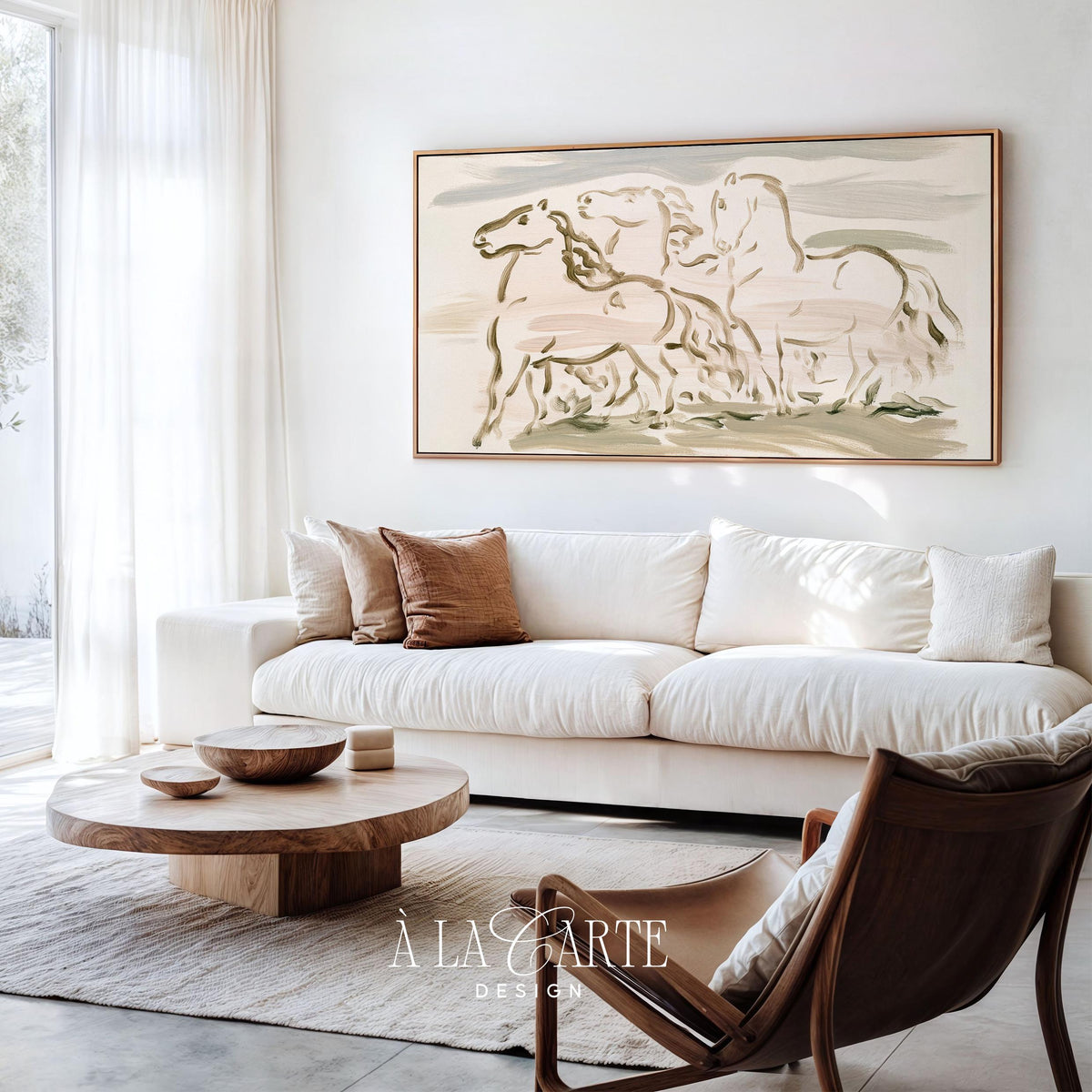 Abstract running horses TV screensaver — muted palette line drawing art for Frame TV with grounded field elements and calming mood