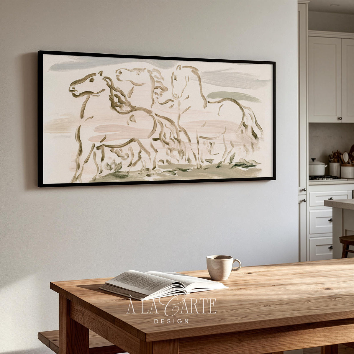 Galloping horses Frame TV download — sophisticated abstract artwork featuring soft sage and cream washes with minimalist ranch vibes