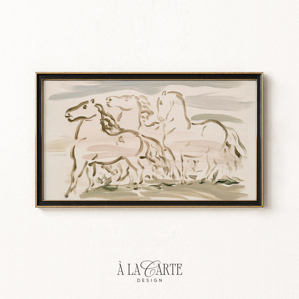 Modern line art horses digital art for TV — serene pastel landscape Frame TV screensaver with subtle field horizon detail