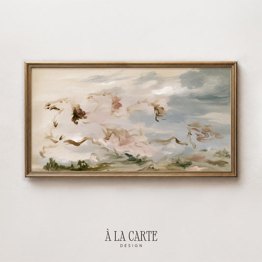 Dissolving horse forms in painterly clouds digital art for TV — dreamy farmhouse Frame TV screensaver with textured aesthetic