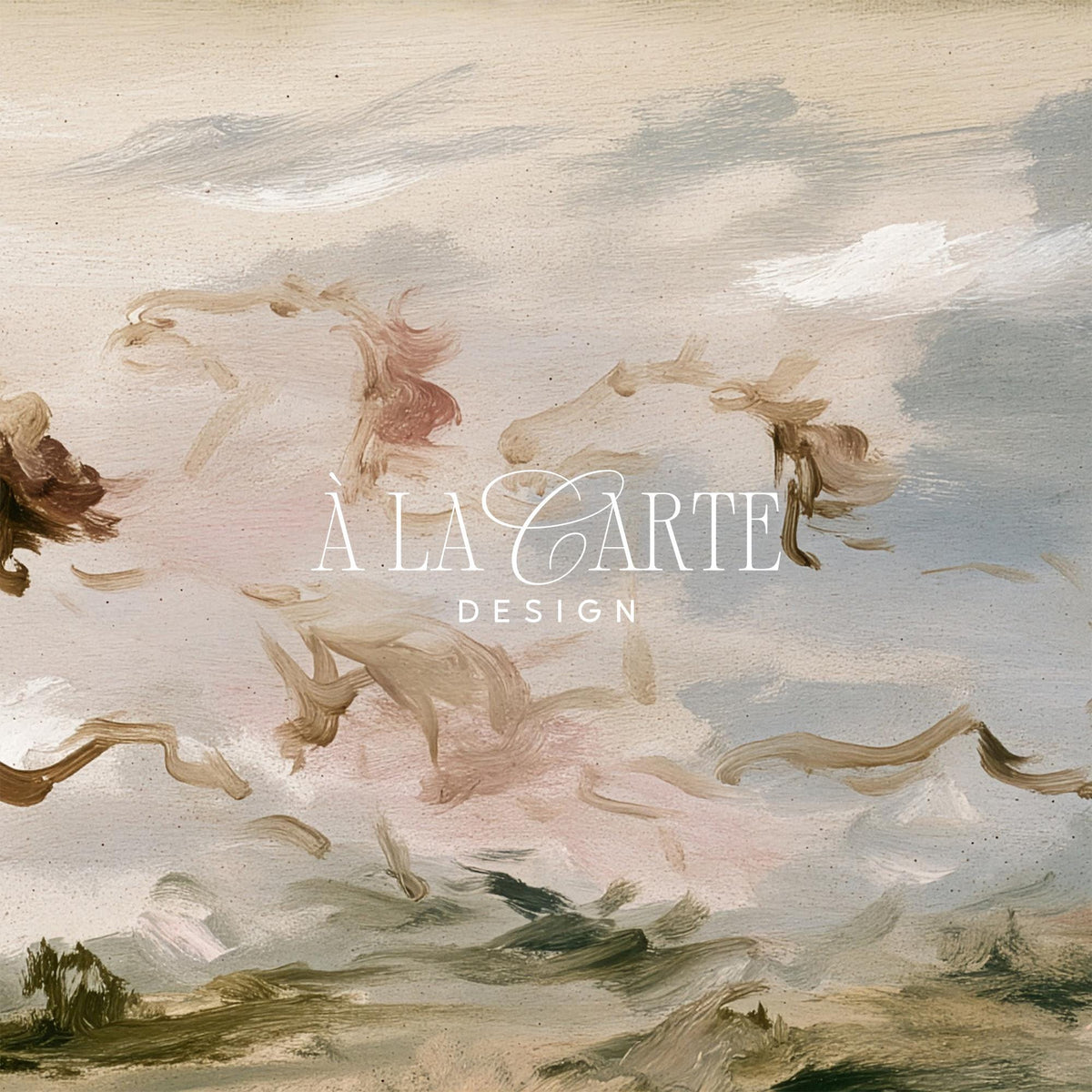 Wild horses amid sweeping cloud formations digital art for Frame TV — dreamy vintage TV art for entryway with soft palette
