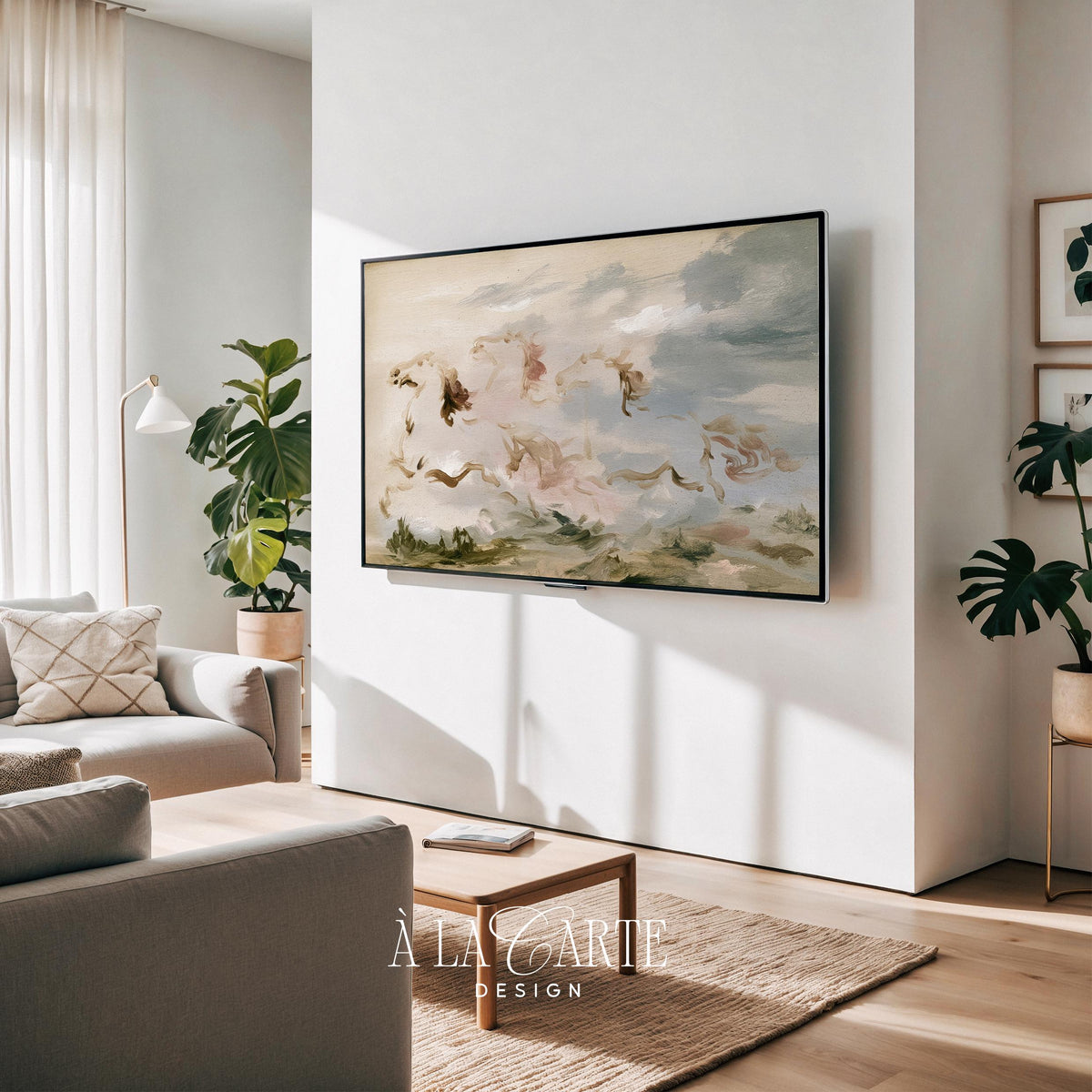 Galloping horses dissolving through clouds Frame TV art for farmhouse — soft atmospheric digital art for TV with blush and gold