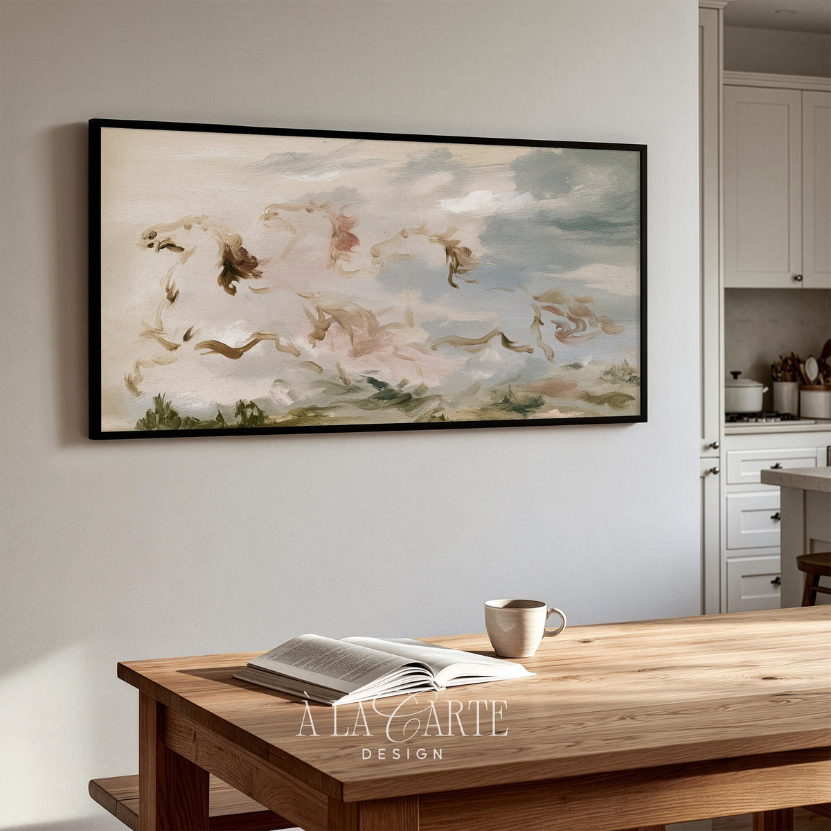 Running equestrian silhouettes in dreamy fog Samsung Frame TV art — soft vintage digital art for TV with cream and sage tones