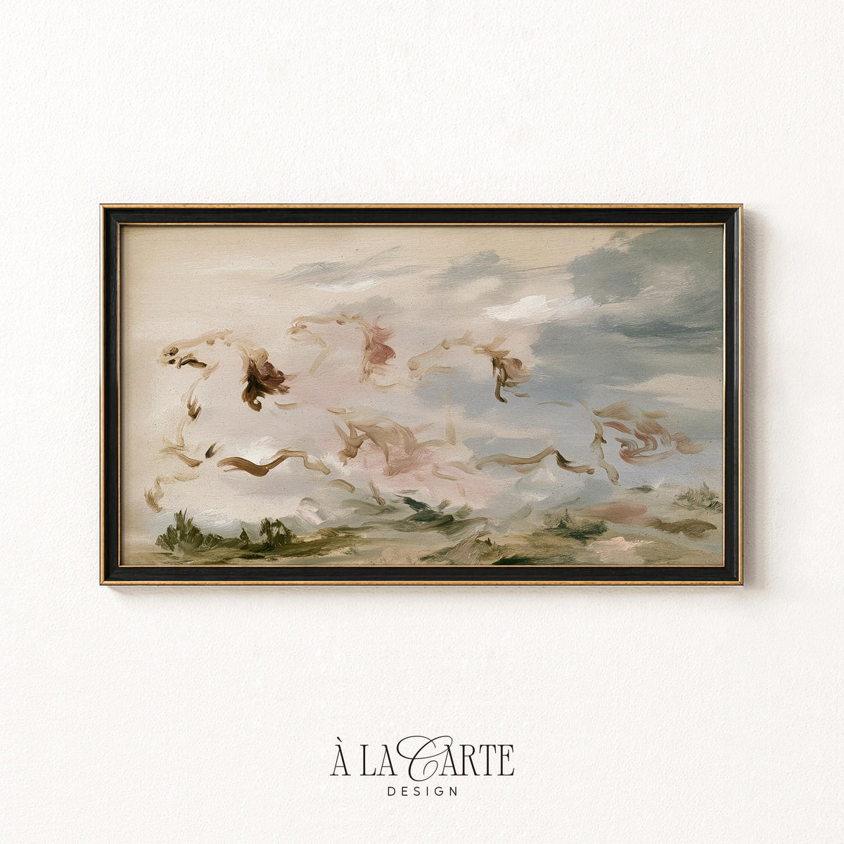 Ethereal horses galloping through atmospheric mist Frame TV art for living room — vintage-style TV download with warm gold tones