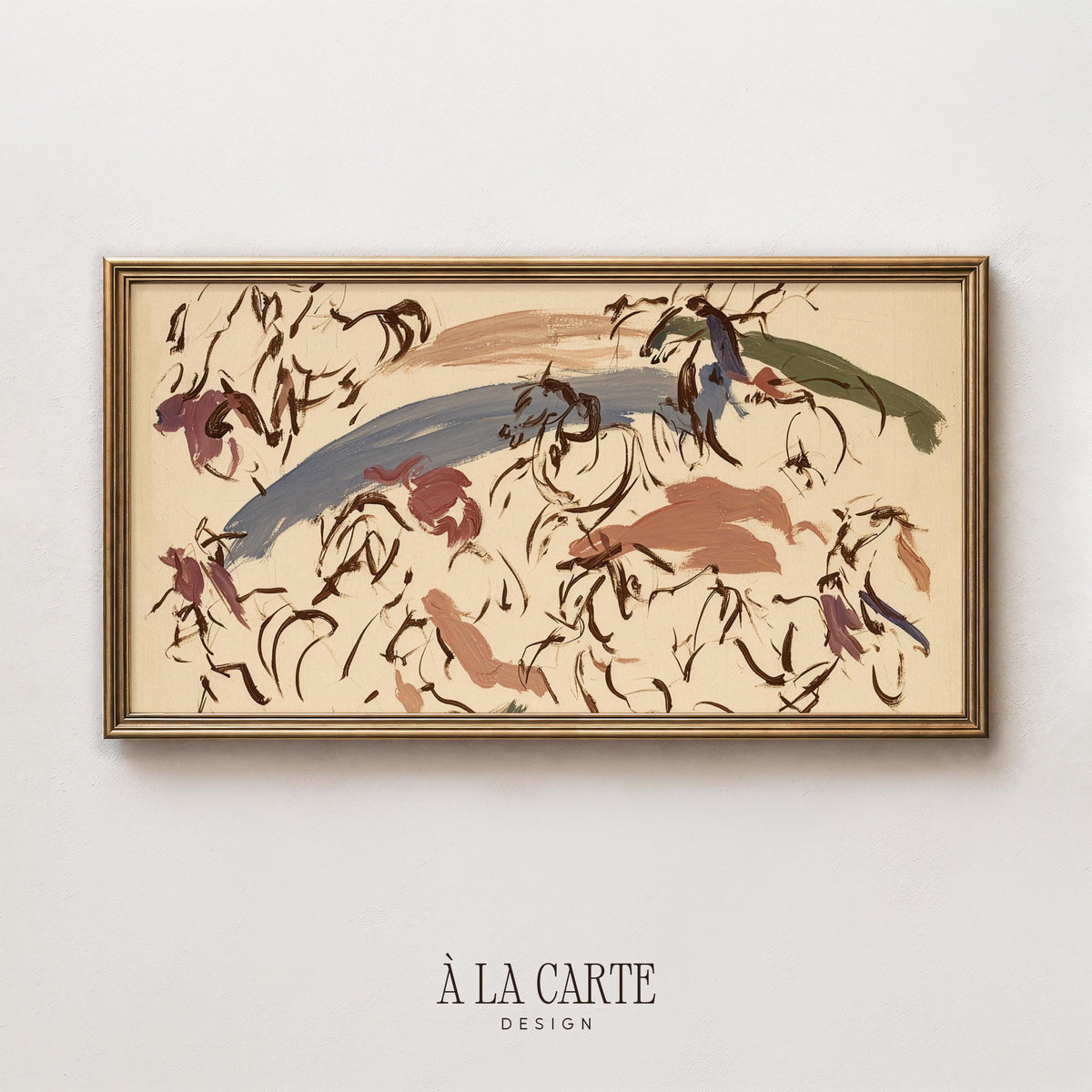 Expressive horse movement digital art for TV — Frame TV download showing scattered gestural marks in warm sage green and dusty rose palette