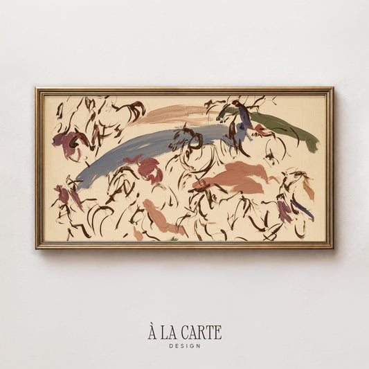 Expressive horse movement digital art for TV — Frame TV download showing scattered gestural marks in warm sage green and dusty rose palette