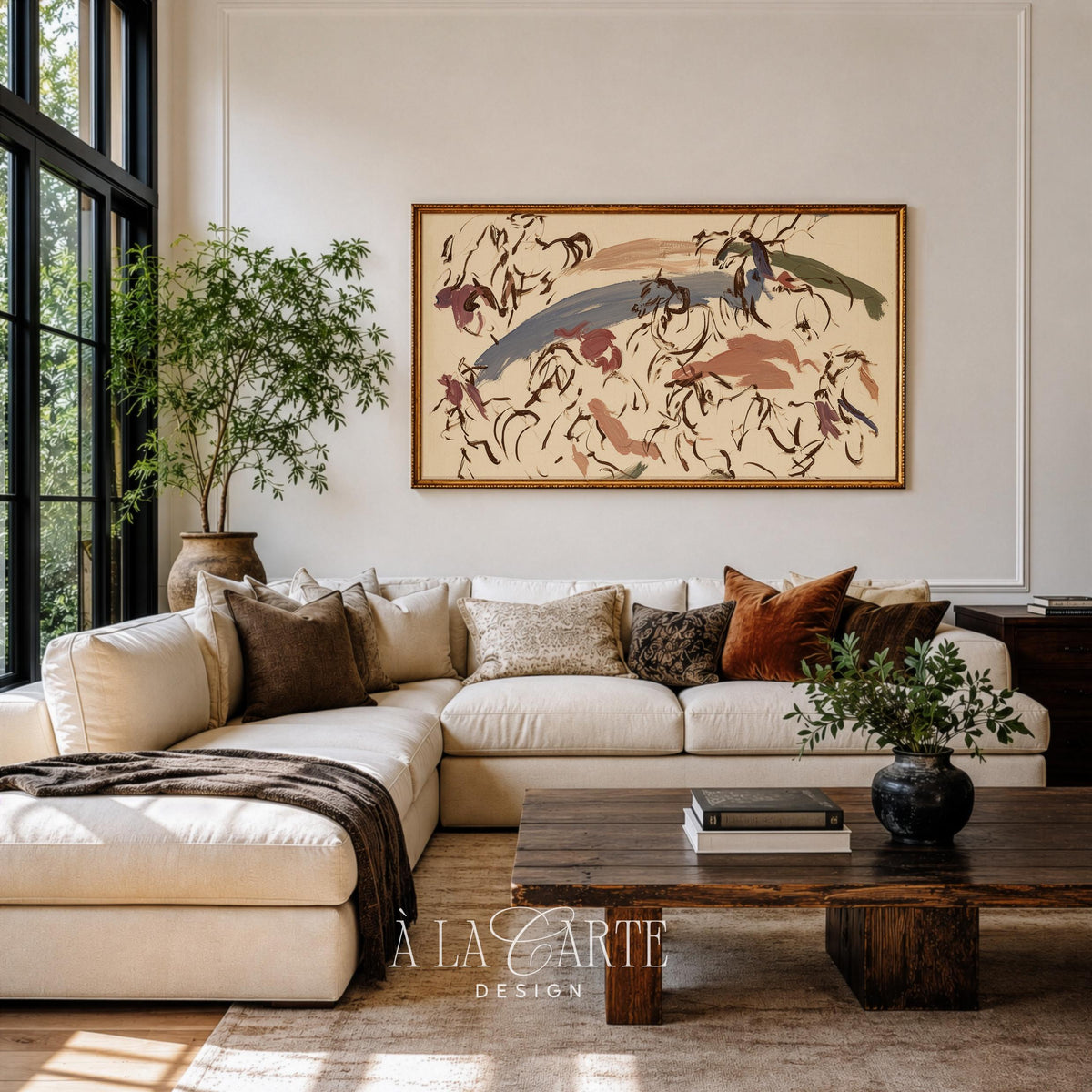 Loose stroke equestrian Frame TV art for bedroom — calligraphic TV screensaver featuring earthy terracotta, slate blue, and artistic energy