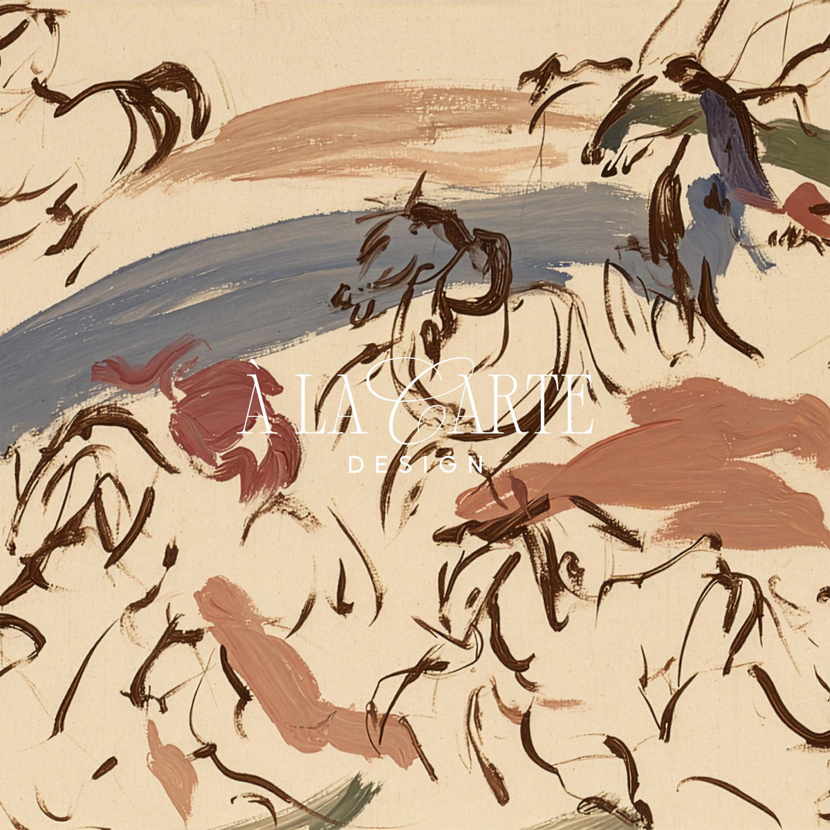 Gestural equine Samsung Frame TV art for kitchen — TV download with ink-like washes and dynamic movement in slate blue and terracotta tones