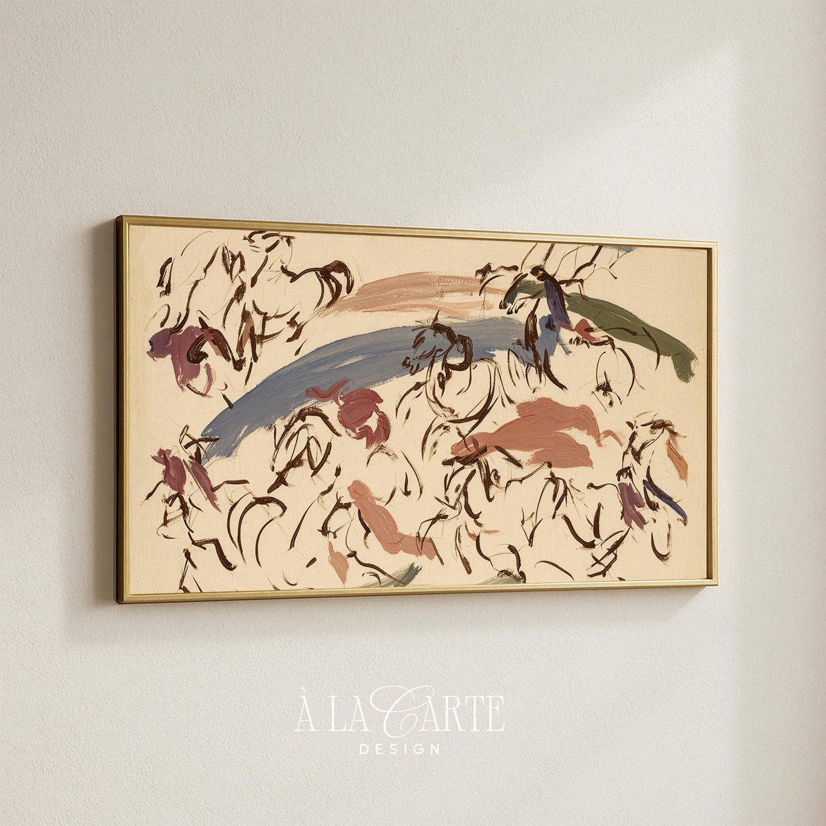 Artistic galloping horses Frame TV art for entryway — abstract TV download featuring swirling marks and energetic brushwork in neutral warm tones