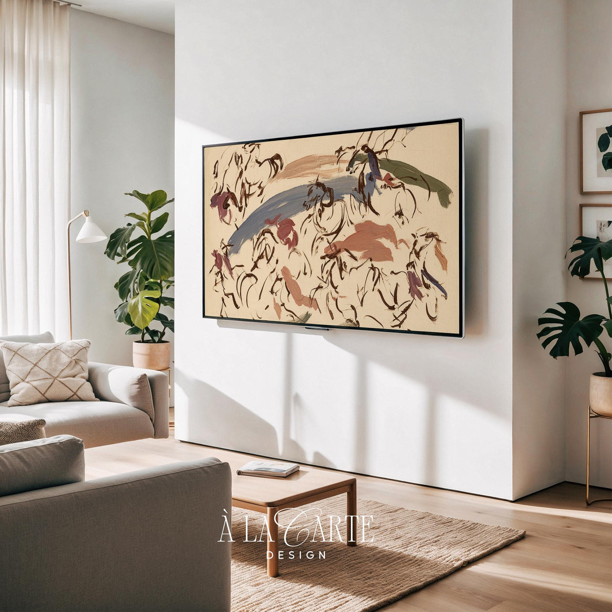 Abstract horse stampede Frame TV art — artistic digital download for TV featuring calligraphic details and moody neutral color scheme