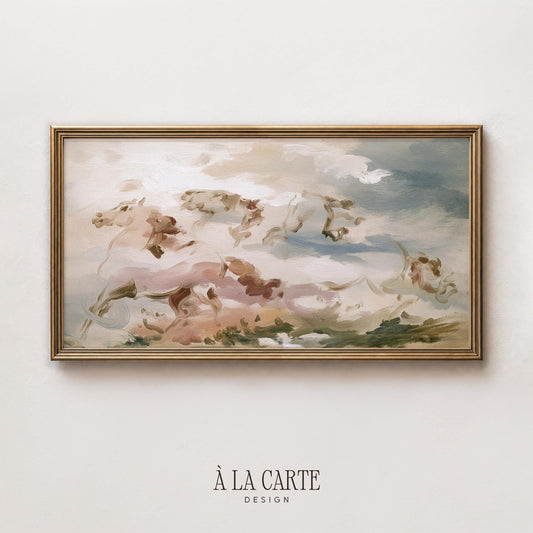 Equestrian movement TV art — vintage-style loose brushwork horse composition with soft cream and dusty blue tones for farmhouse aesthetic