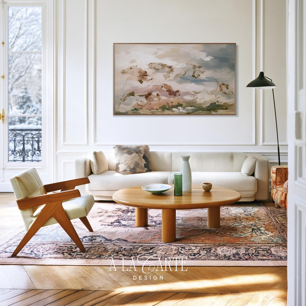 Dreamy horse herd Samsung Frame TV download — soft-focus landscape painting with loose brushwork and moody neutral cottagecore vibes