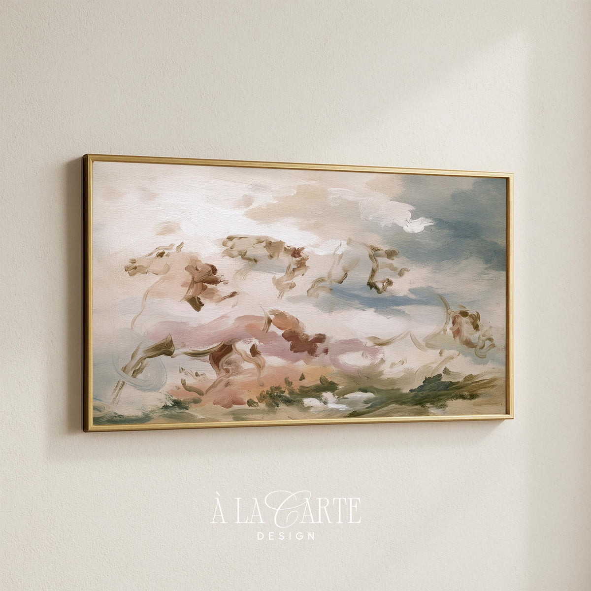 Ethereal galloping horses Frame TV art for study — soft painterly composition with antique faded tones and gentle cloud-like atmosphere
