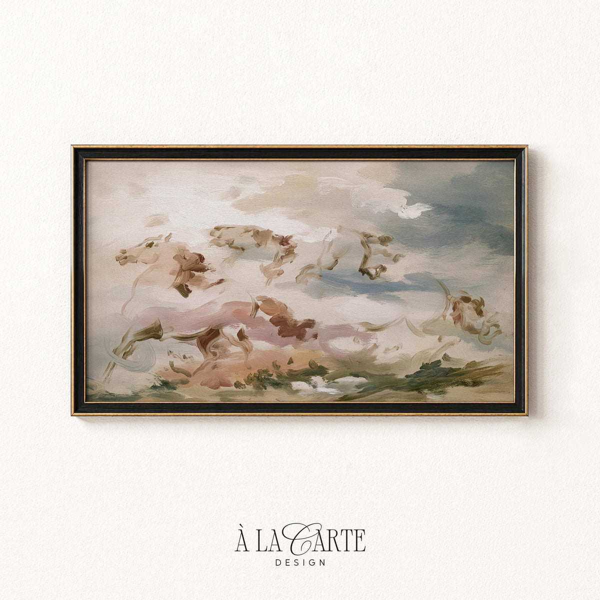 Loose brushstroke horse artwork TV screensaver — moody vintage aesthetic with dusty blue sky and dreamy movement-filled equestrian scene