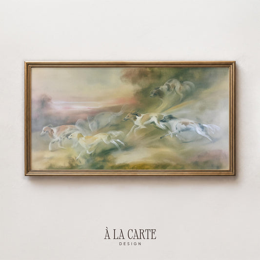 Swift-moving hound pack Frame TV digital art — soft dreamy composition with abstracted background and vintage elegance