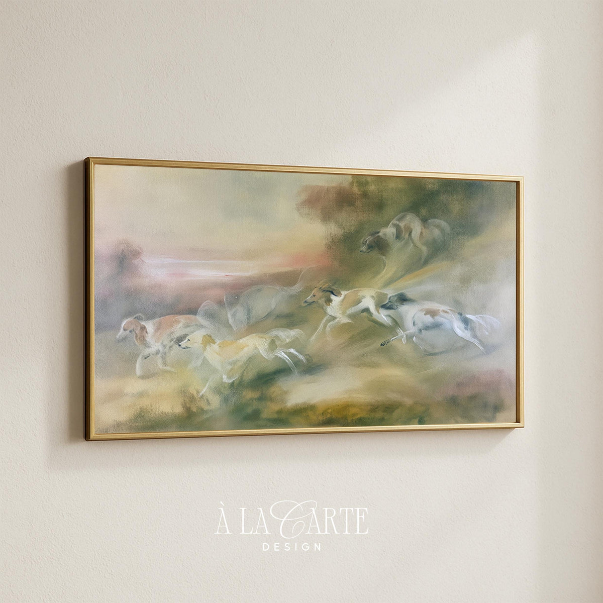 Speeding dog silhouettes digital art for Frame TV — hazy vintage aesthetic with dynamic movement and pastoral background