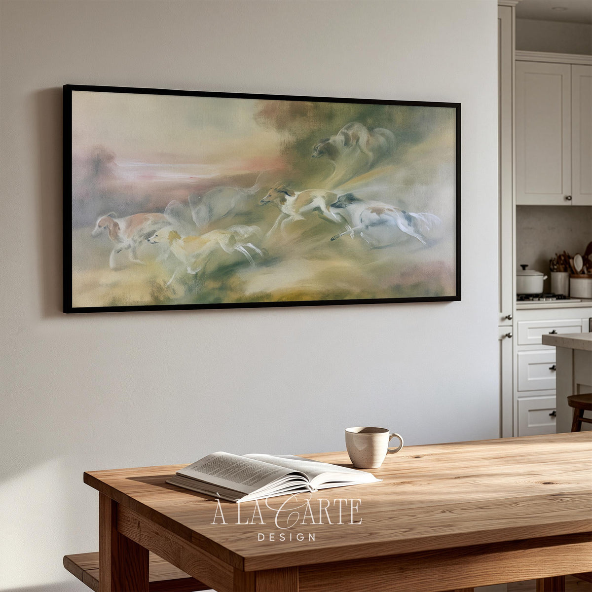 Galloping canines across fields TV art for study — moody painting style with blended greens, pinks, and warm golden hues