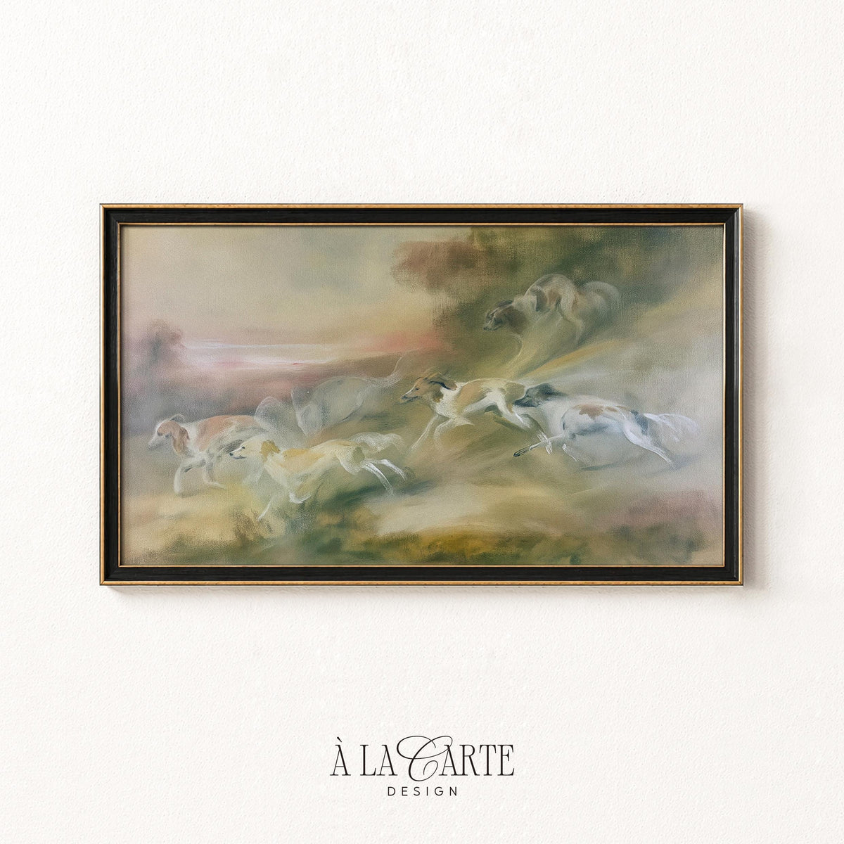 Hunting dogs in countryside TV art for classic interiors — soft painterly Frame TV screensaver with blurred motion and timeless appeal