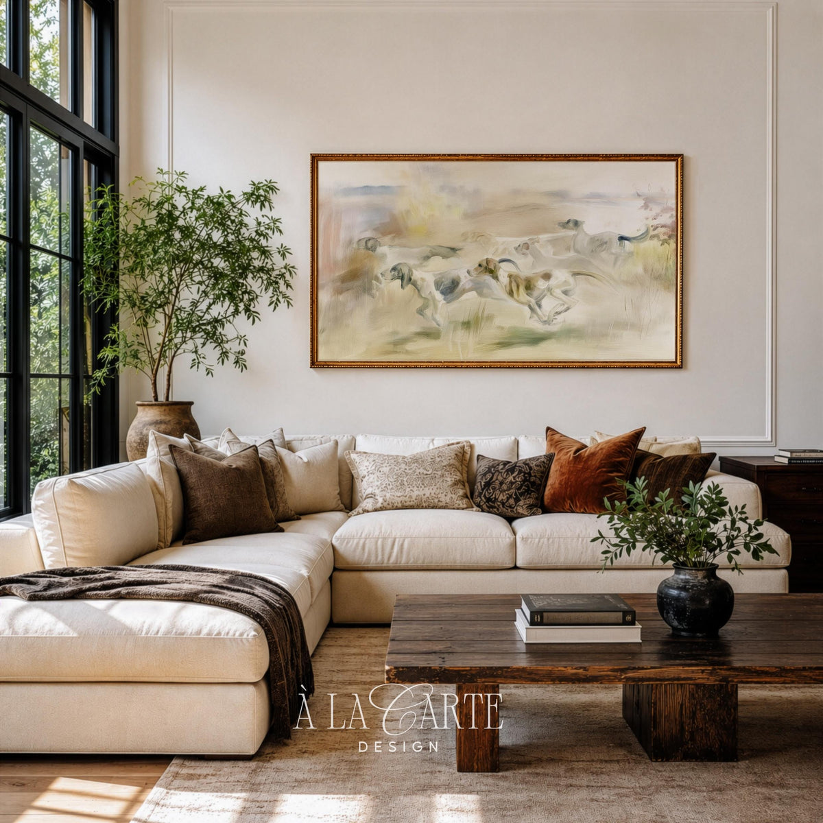 Hunting pack in motion across meadow Frame TV art — soft blended landscape with hazy horizon and equestrian-inspired farmhouse charm