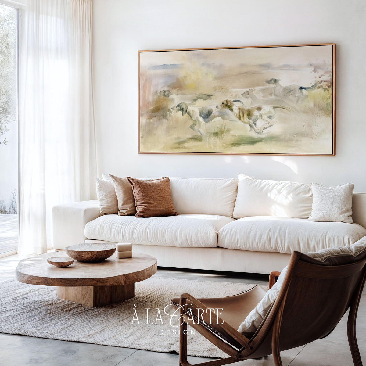 Canine athletes sprinting through fields TV art for living room — impressionistic-style countryside scene with faded golden grasses