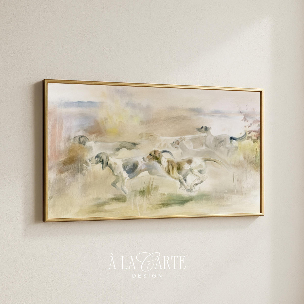 Hunting dogs running through golden meadow Frame TV art — vintage oil painting style digital screensaver with rustic countryside charm