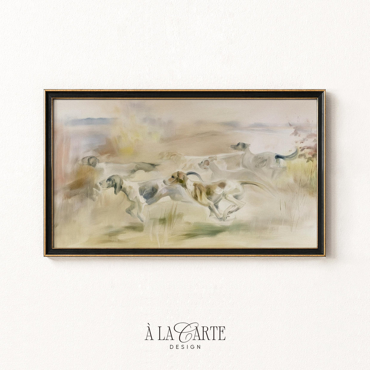 Dogs racing through golden field Samsung Frame TV download for game room — weathered vintage painting style with rustic countryside character