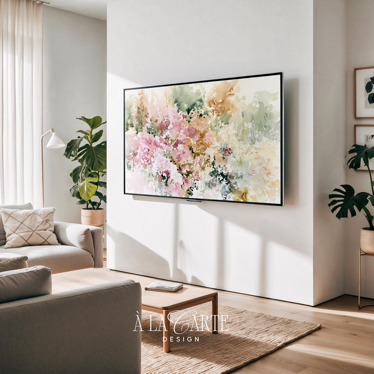 Whimsical floral cluster Frame TV art for kitchen — loose textured brushstrokes featuring soft pastels and airy garden theme