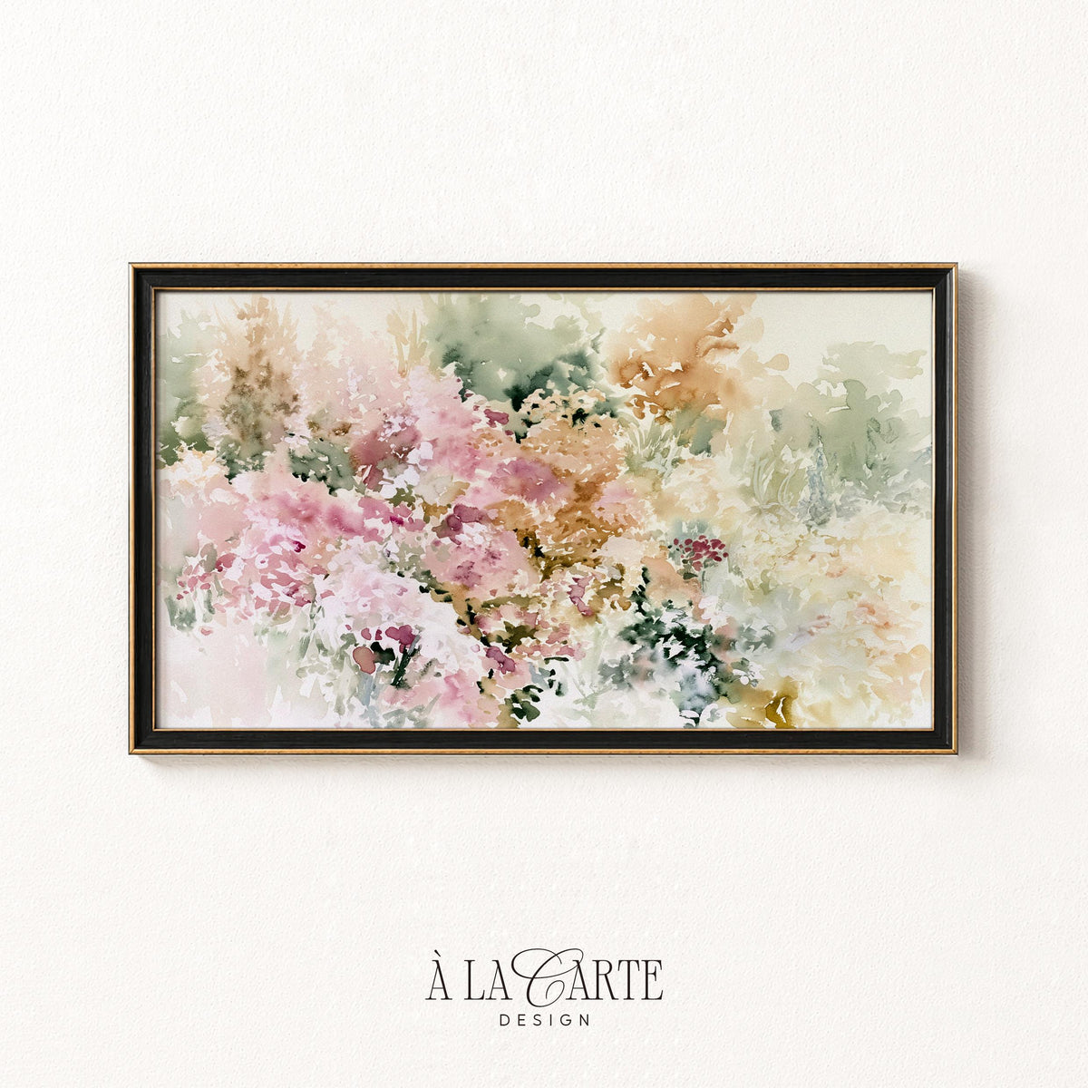 Soft floral watercolor Frame TV art for bedroom — blush pink and sage green botanical composition with romantic aesthetic
