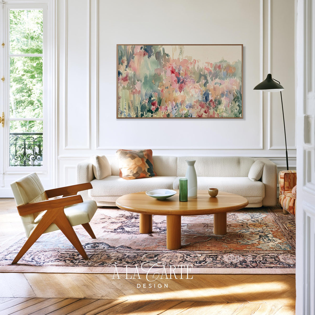 Loose brushwork flower cluster Frame TV art — muted pastels including blue and coral for serene home display