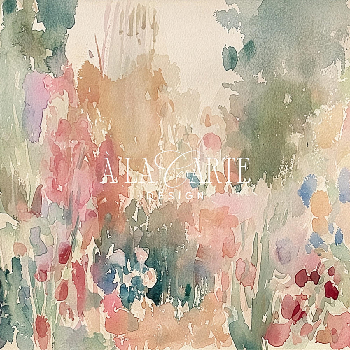 Dreamy botanical garden TV art — vintage cottagecore meadow scene with soft, blended watercolor finish and feminine color palette