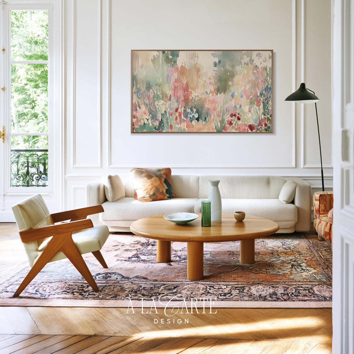 Delicate wildflower landscape Frame TV art — textured watercolor garden with soft coral and lavender blooms for bedroom display