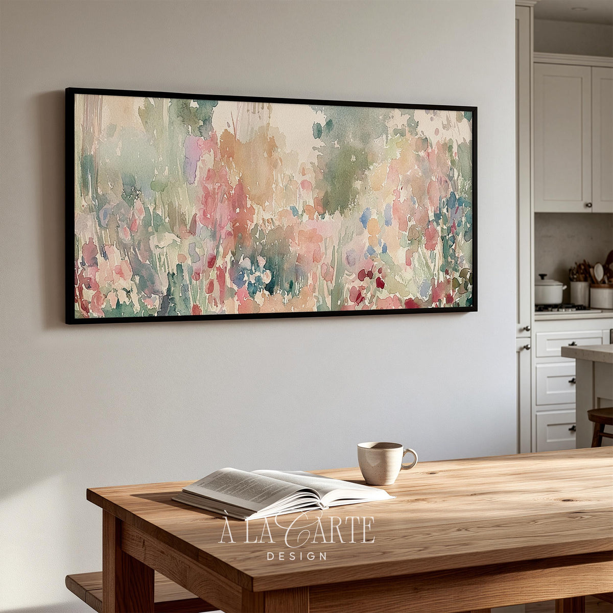 Romantic cottage garden digital art for Frame TV — ethereal meadow scene with muted pastel colors and hazy focus backdrop
