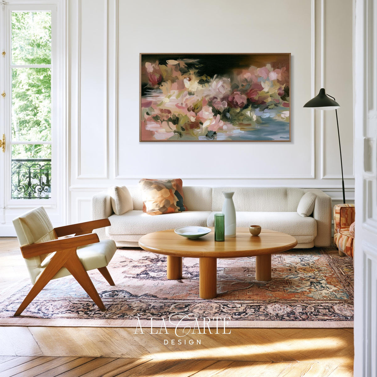 Loose brushstroke flower arrangement Samsung Frame TV art with romantic moody aesthetic and gold accents