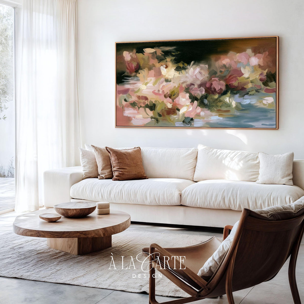 Painterly flower garden TV art for home — burgundy botanical with hints of blue and luxe gold details