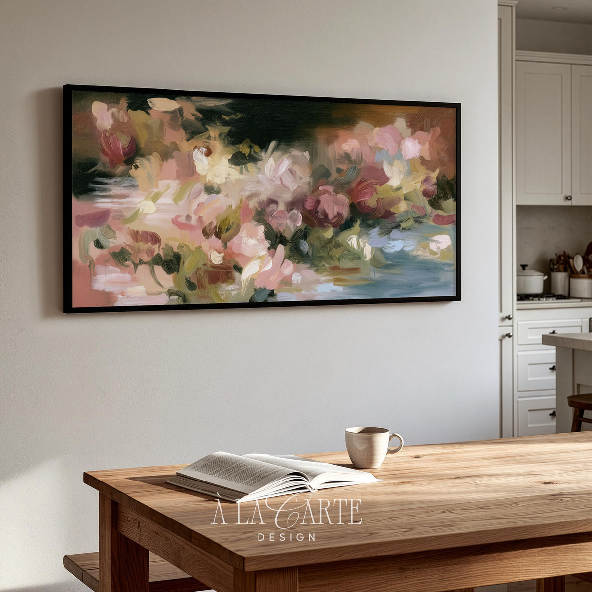 Expressive flower painting digital art for TV featuring deep green foliage and sweeping artistic brushwork